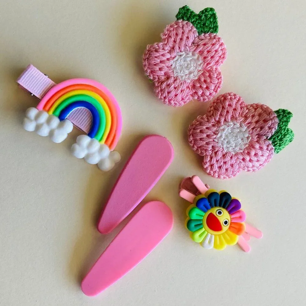 Set of 6 Knit Flower Hair Clip, Pink Snap Clips for Girls & Toddler Barrettes